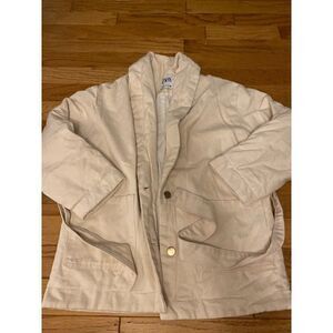 Zara, women's beige thick, button front and tied waist jacket size small